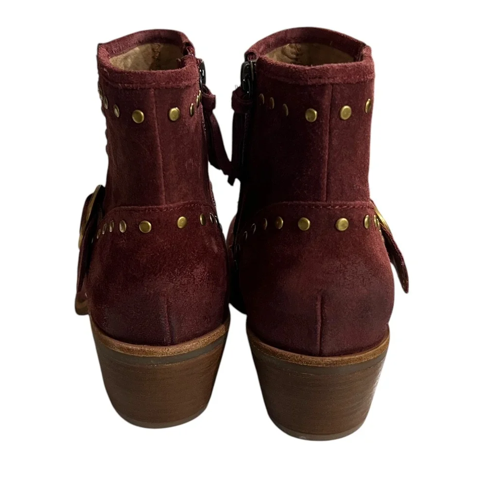 NWOT Sofft Burgundy Suede Studded Western Ankle Boots Buckle Harness 7.5M